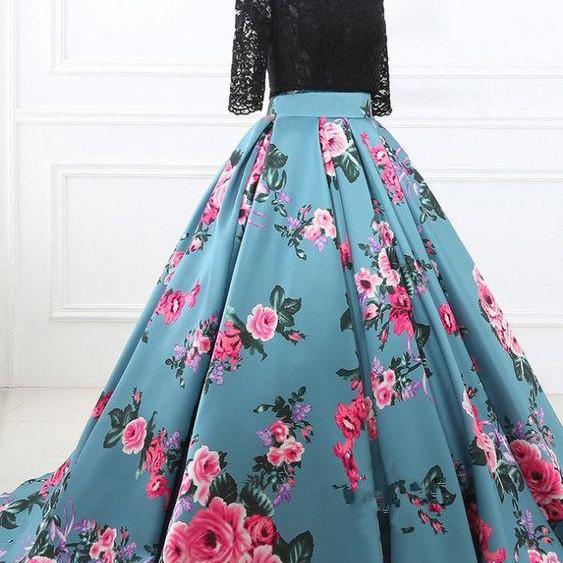 two pieces black lace and floral prom dress half sleeves prom dress 
