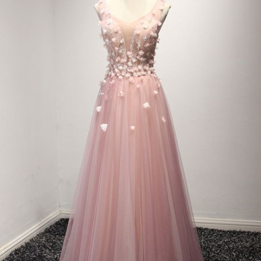 Princess Pink Tulle Formal Dress With Floral Bodice For Women,custom Made 