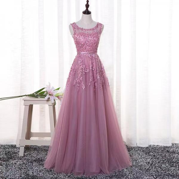 Long pink Prom Dresses,a-line Sleeveless Zipper Appliques Prom Dresses