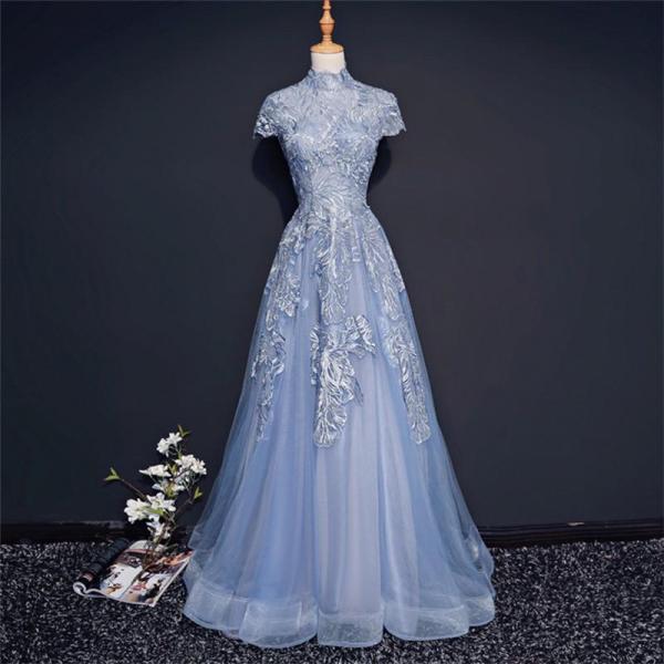 Modest Blue Quarter Sleeves Formal Prom Evening Cocktail Dress DQ830893